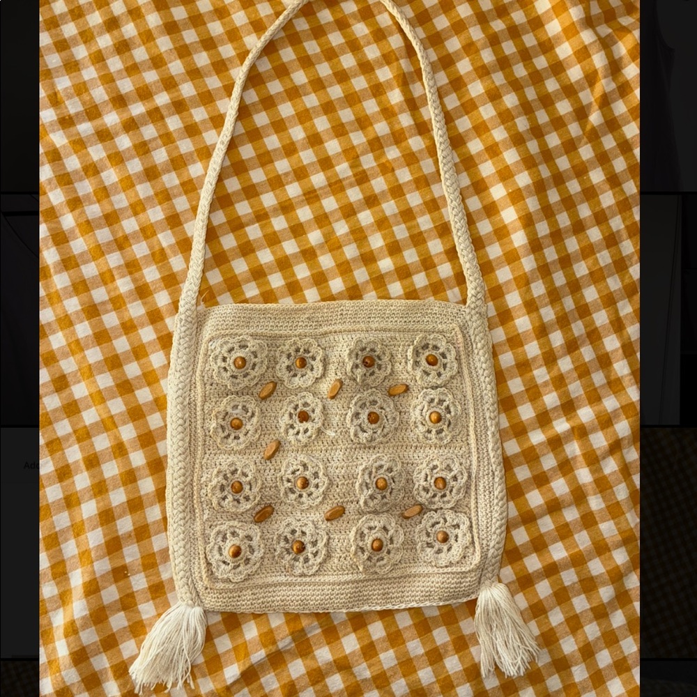 Crochet flower beaded square bag with tassles